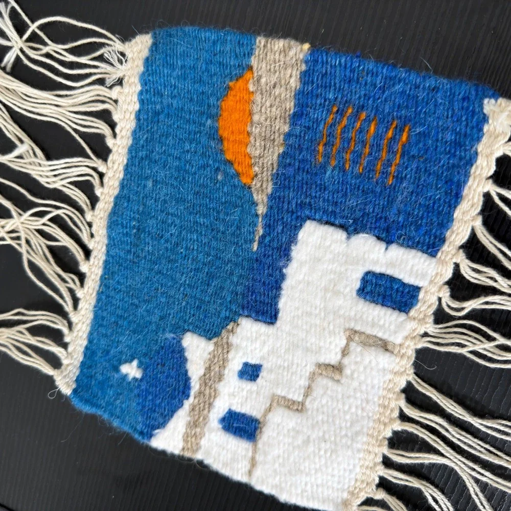 Santorini‎ mini Tapestry 6.5x5.5 Blue Mediterranean folk art Handwoven Wool Art
